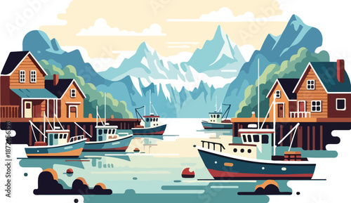A vector illustration of a serene coastal village on Seward's Day, featuring boats docked in a harbor surrounded by mountains. Perfect for travel brochures, websites, and educational