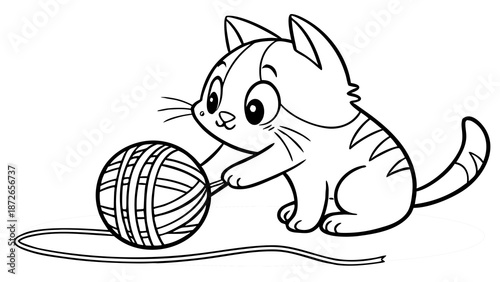 Cartoon-style kitten playing with yarn, clean outlines for coloring