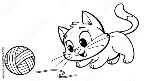 Cartoon-style kitten playing with yarn, clean outlines for coloring