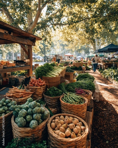Fresh organic vegetables including artichokes, carrots, and beans displayed in woven baskets at a sunny outdoor farmers market. Rustic autumn atmosphere with dappled sunlight