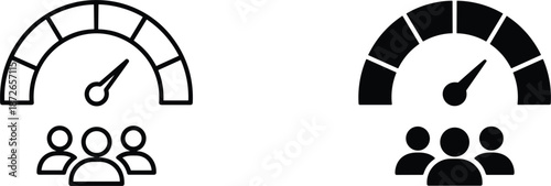 Performance measurement icons showing speedometer gauge and people group symbols for human resources productivity and team efficiency tracking.