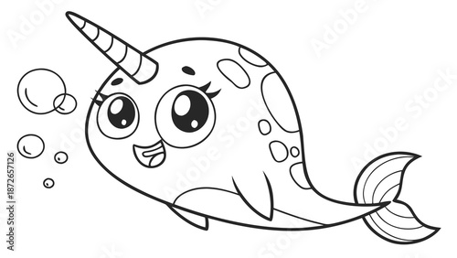 Cute vector illustration narwhal hand drawn for toddlers coloring book illustration