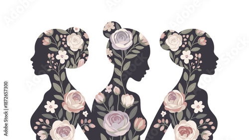 Silhouette women decorated by a floral pattern, representing nature's harmony.