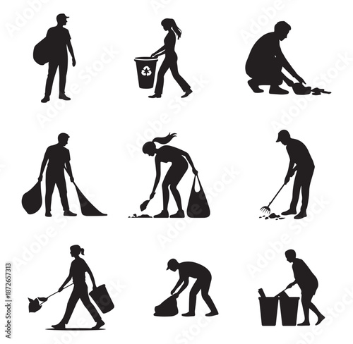 People Cleaning Activities Silhouette Icon Set Black Vector Illustration.