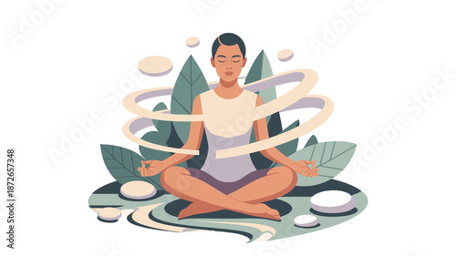 Serene person meditating amidst nature-inspired elements.