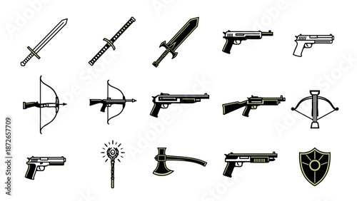 A collection of various weapons and shields in a flat, minimalist vector graphic design