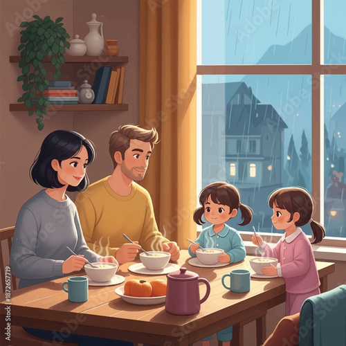 Family eating breakfast together indoors.