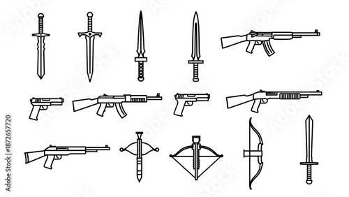A collection of various weapons in a minimalist line art style