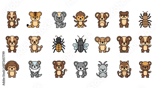 A colorful vector graphic illustration of various cute cartoon animals in a flat design style
