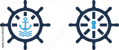 Nautical ship wheel icons featuring anchor and keyhole symbols in navy blue silhouette style for maritime navigation and marine branding.