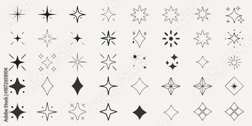 Collection of delicate black star and sparkle shaped design elements