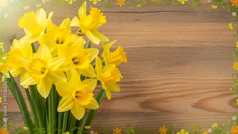 Obraz premium Bouquet of bright yellow daffodils on wooden background with green leaves and flowers
