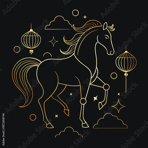 AdGolden horse illustration with lanterns and clouds a decorative design element
obe Illustrator Artwork