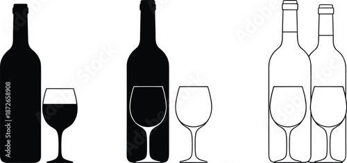 Wine bottle and glass icon set in solid and outline styles for bar menus, drink labels, and beverage designs