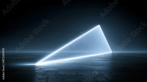 Abstract Refracted Light Beam Forming Geometric Prism in Dark Futuristic Space, Quantum Physics Visualization
