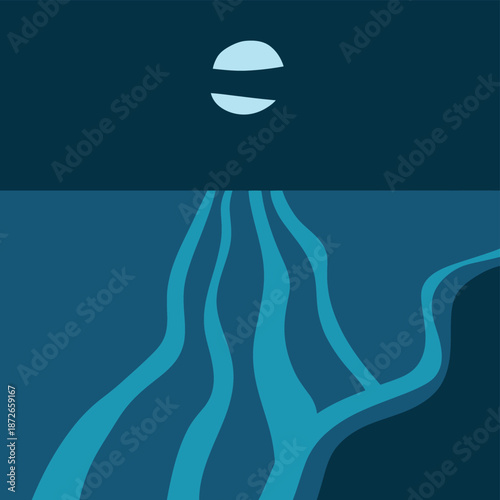 Abstract illustration of a dark seascape with a crescent moon and waves