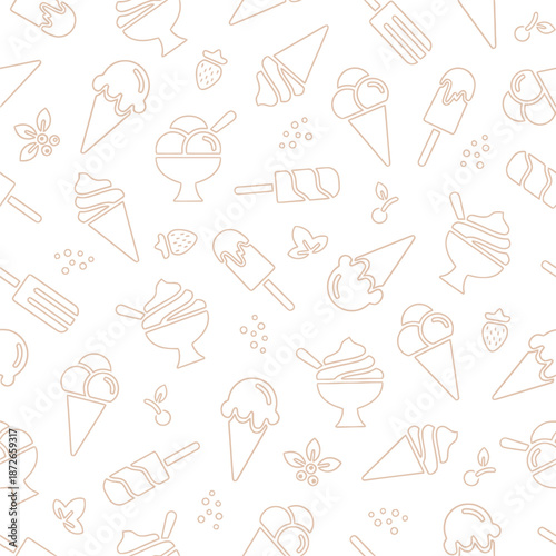 Delicate pattern featuring various sketched ice cream treats and fruit elements