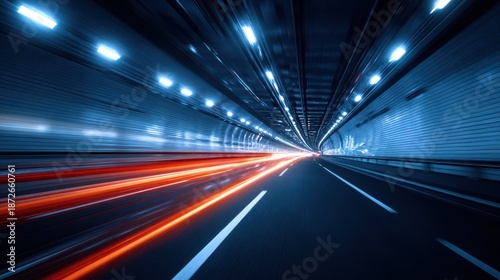 Fast motion blur light trails through a futuristic highway tunnel