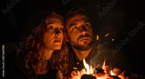 Romantic Couple Gazing at Campfire at Night