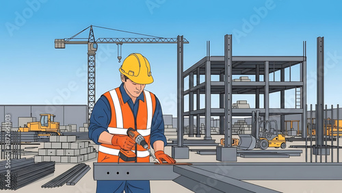 Skilled construction worker diligently assembling steel beams on a dynamic building site with a towering crane and ongoing development in the background, showcasing industrial progress and safety