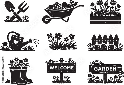 Easter Garden Tools and Outdoor Elements Silhouette Icons Set eps