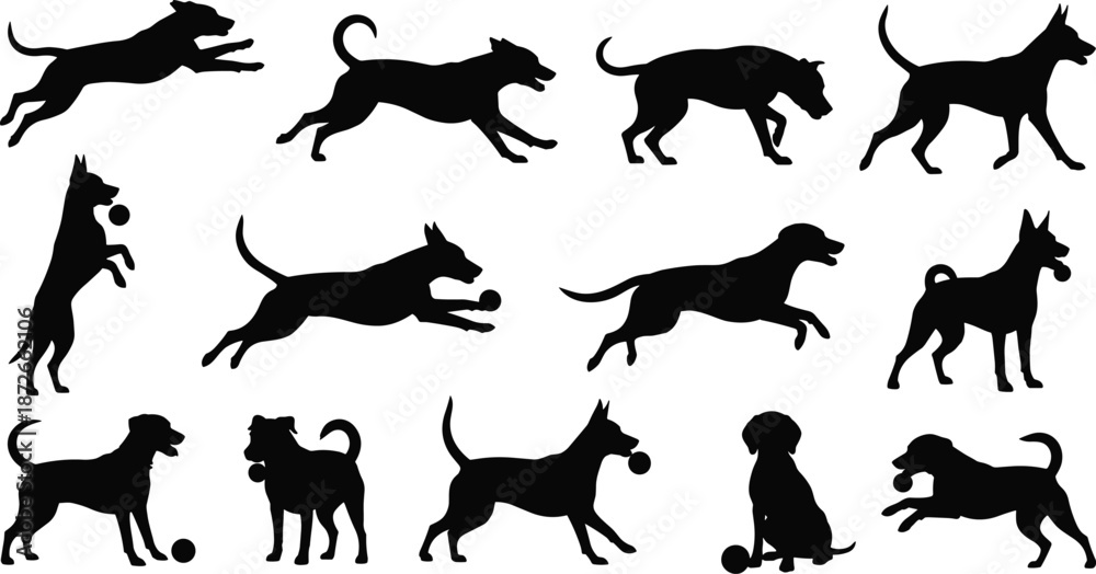 Obraz premium Set of Dog Silhouettes Featuring Various Breeds in Active Poses Like Running, Jumping, Playing with Balls, and Sitting, Isolated Collection