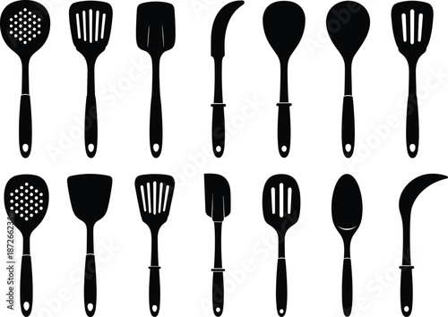 Set of Kitchen Utensil Silhouettes Featuring Spatulas, Slotted Spoons, and Flippers for Cooking and Baking Isolated on White Background Collection