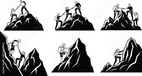 Set of mountain climber silhouettes, people hiking peaks, teamwork assistance and rescue, adventurous rock climbing icons, outdoor activity vector, peaks.