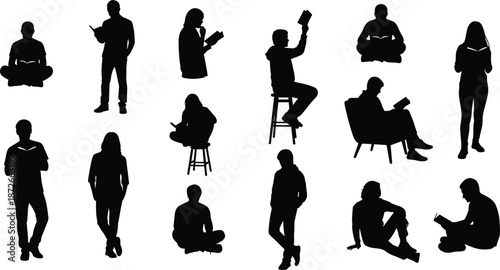 Set of people reading silhouettes, men and women with books in sitting and standing poses, educational study icons, learning lifestyle, isolated.