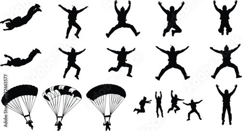 Set of skydiving silhouettes, parachutist jumping from plane, freefall action poses, extreme sport vector icons, parachute landing collection isolated on white, sky.