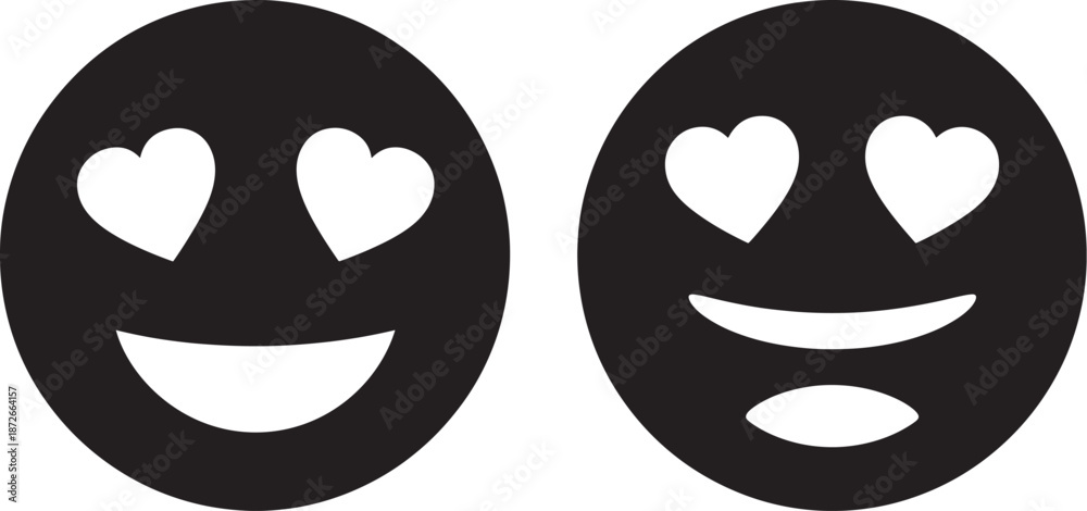Fototapeta premium Pair of smiley face icons with heart-shaped eyes and joyful expressions, black and white romantic emoji characters.