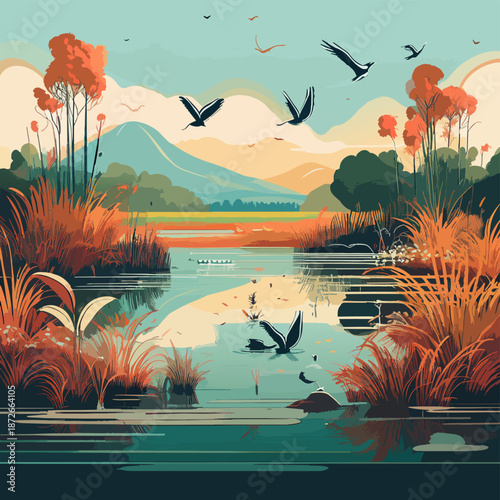 Flat vector illustration of a healthy wetland ecosystem with shallow water, mangrove trees, reeds, water birds, lotus plants, and aquatic life.
