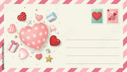 Happy Valentine's day greeting postcard with stamp blank space.