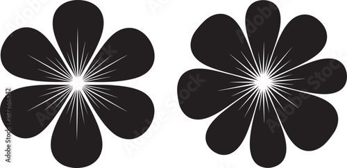 Set of two black floral silhouettes with six rounded petals and radiating white center lines, minimalist nature icons.