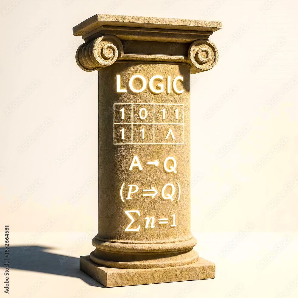 Naklejka premium Ancient Greek Column with AI Logic and Math Formulas