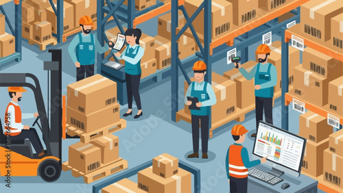 Warehouse workers organizing inventory and operating a forklift.