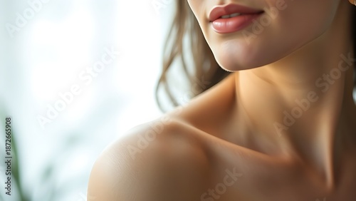 Female portrait with soft focus on skincare and spa theme, elegant blurred background.
