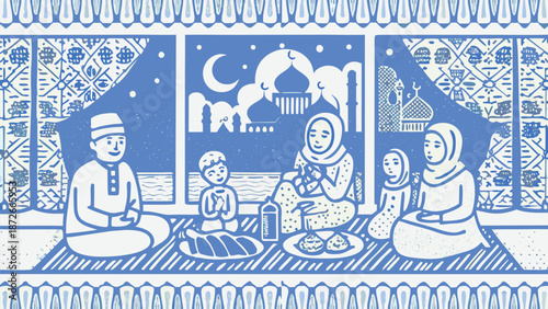 A clean silhouette vector illustration of a family sitting on the floor eating together at night with moon