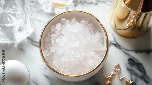 Crushed Ice in Gold-Rimmed Bowl on Marble Surface, Luxury Aesthetic