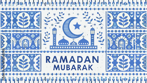Ramadan mubarak festive blue and white tile pattern with mosque silhouette crescent moon star with Islamic