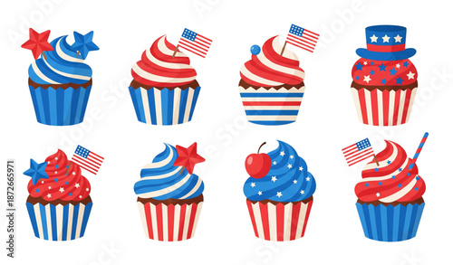Cute 4th of July cupcake desserts with patriotic toppings flat doodle vector collection isolated on transparent background
