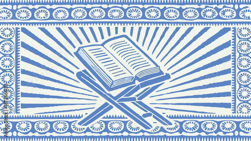 A modern ramadan mubarak silhouette poster featuring an open book on a stand with sunburst with Islamic