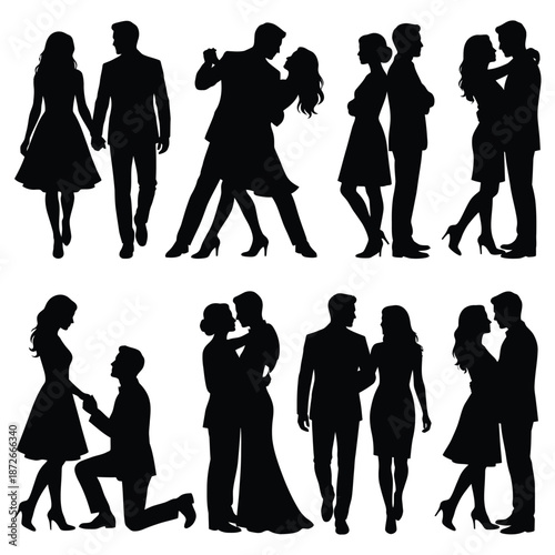 Silhouettes of couples dancing embracing and a proposal showcasing romantic connection and intimacy