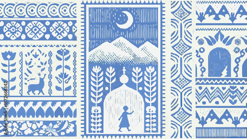 A storytelling silhouette vector of a person walking in front of an archway with mountain landscape