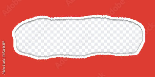 Oval, oblong hole torn red paper red paper on transparent background. Promotional material, announcements, discount tag symbol. vector illustration.