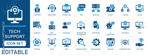 Tech support icon set. Featuring IT support, software, assistance, troubleshooting, cybersecurity, network, tickets, maintenance,  helpdesk, solution and more. perfect vector icon collection.