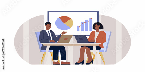 Business professionals collaborate during a presentation analyzing data on screen