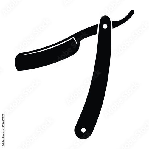 A simple black and white illustration depicting a classic straight razor on a white background