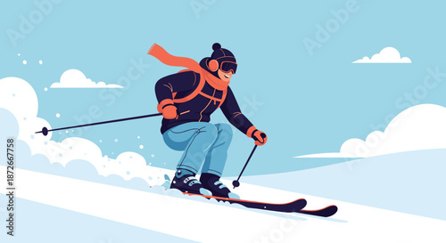 Skillful skier in warm winter gear and goggles gliding down a snowy mountain slope against a beautiful clear blue sky.