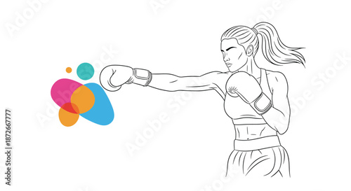 Black and white line drawing of a determined female boxer throwing a powerful punch with colorful abstract shapes.